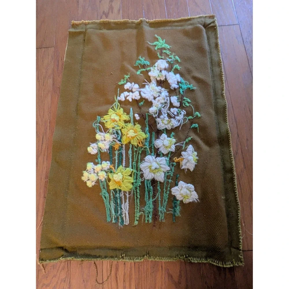 1970s Crewel Embroidery Floral Daffodil Textile Art Mustard Gold Boho 28x19 in